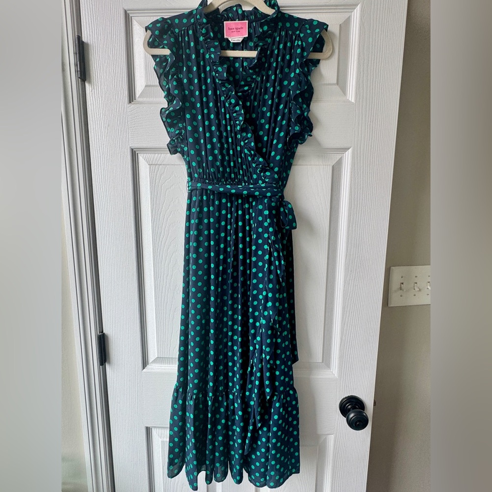 Kate Spade Navy Blue with green Polka Dot Ruffle Wrap Dress